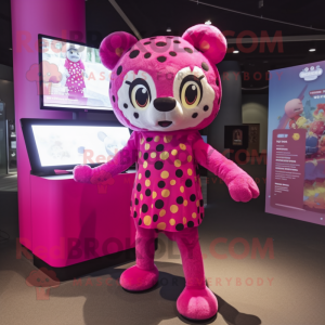 Magenta Leopard mascot costume character dressed with a Playsuit and Headbands