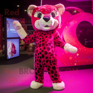 Magenta Leopard mascot costume character dressed with a Playsuit and Headbands