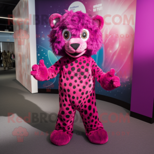 Magenta Leopard mascot costume character dressed with a Playsuit and Headbands
