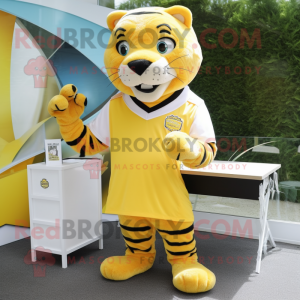 Lemon Yellow Saber-Toothed Tiger mascot costume character dressed with a T-Shirt and Pocket squares