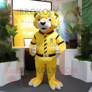 Lemon Yellow Saber-Toothed Tiger mascot costume character dressed with a T-Shirt and Pocket squares