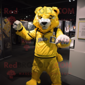 Lemon Yellow Saber-Toothed Tiger mascot costume character dressed with a T-Shirt and Pocket squares