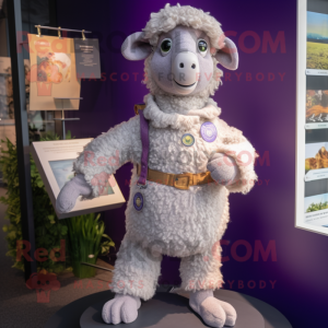 Lavender Merino Sheep mascot costume character dressed with a Jumpsuit and Lapel pins