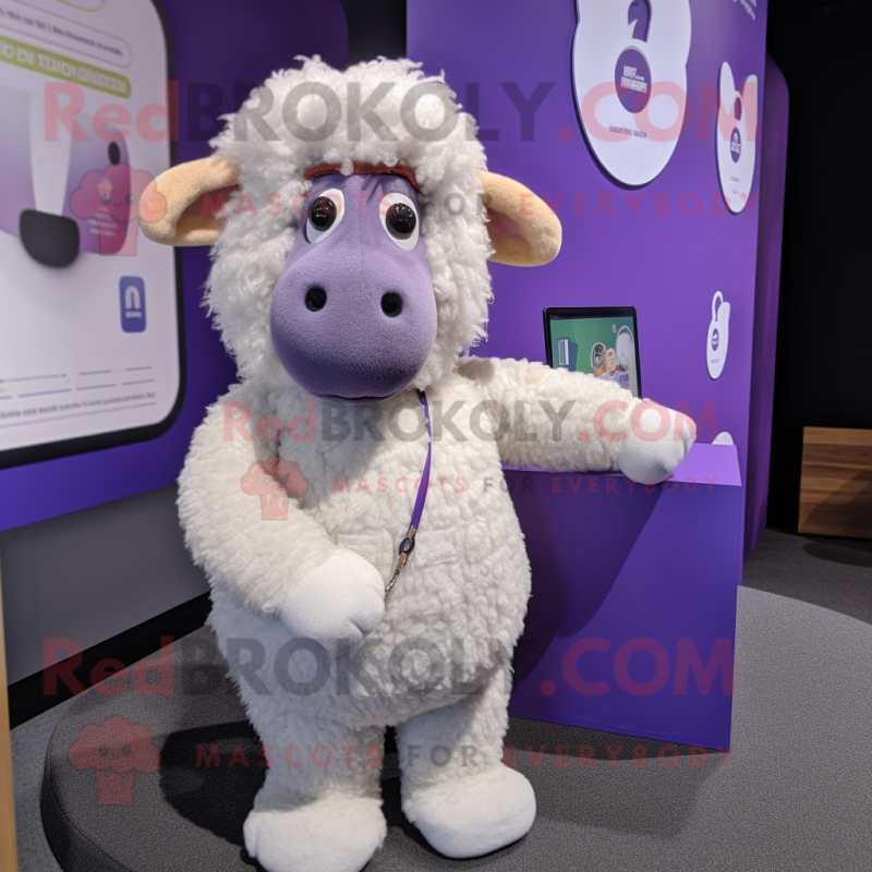 Lavender Merino Sheep mascot costume character dressed with a Jumpsuit and Lapel pins