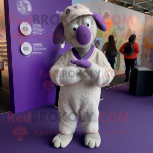 Lavender Merino Sheep mascot costume character dressed with a Jumpsuit and Lapel pins