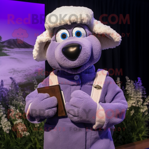 Lavender Merino Sheep mascot costume character dressed with a Jumpsuit and Lapel pins