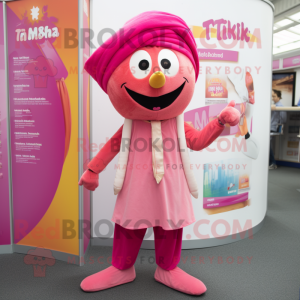 Pink Tikka Masala mascot costume character dressed with a Culottes and Tie pins