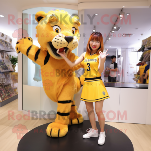 Yellow Saber-Toothed Tiger mascot costume character dressed with a Mini Skirt and Cummerbunds