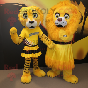 Yellow Saber-Toothed Tiger mascot costume character dressed with a Mini Skirt and Cummerbunds