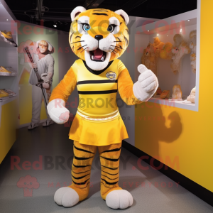 Yellow Saber-Toothed Tiger mascot costume character dressed with a Mini Skirt and Cummerbunds