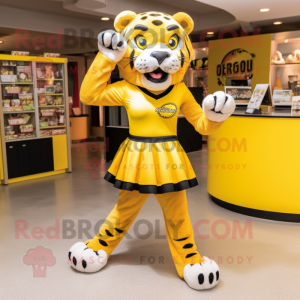 Yellow Saber-Toothed Tiger mascot costume character dressed with a Mini Skirt and Cummerbunds