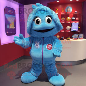 Sky Blue Raspberry mascot costume character dressed with a Hoodie and Brooches