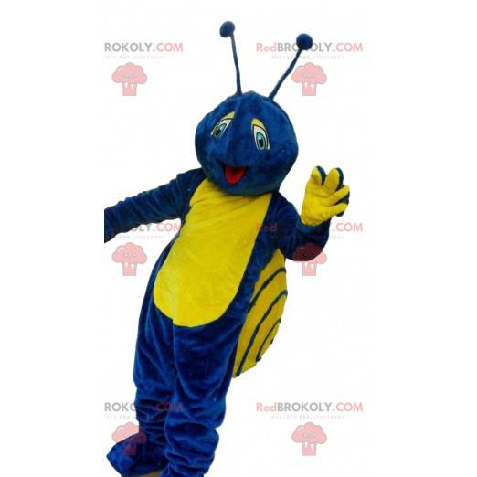 Mascota de caracol azul y amarillo, colorido disfraz de insecto