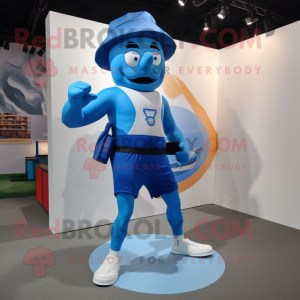 Blue Knife Thrower mascot costume character dressed with a Running Shorts and Messenger bags