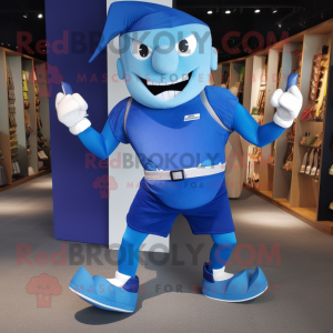 Blue Knife Thrower mascot costume character dressed with a Running Shorts and Messenger bags