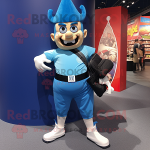 Blue Knife Thrower mascot costume character dressed with a Running Shorts and Messenger bags