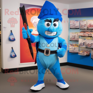 Blue Knife Thrower mascot costume character dressed with a Running Shorts and Messenger bags