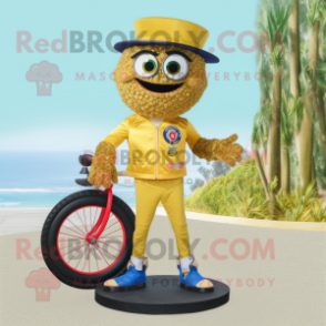 Gold Unicyclist mascot costume character dressed with a Bermuda Shorts and Brooches