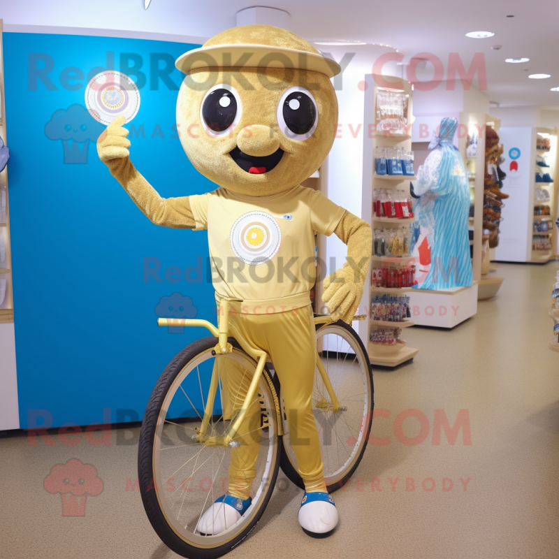 Gold Unicyclist mascot costume character dressed with a Bermuda Shorts and Brooches