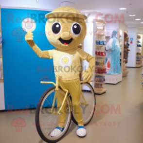 Gold Unicyclist mascot costume character dressed with a Bermuda Shorts and Brooches