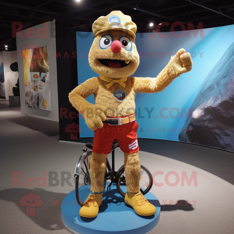 Gold Unicyclist mascot costume character dressed with a Bermuda Shorts and Brooches