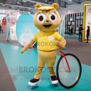 Gold Unicyclist mascot costume character dressed with a Bermuda Shorts and Brooches