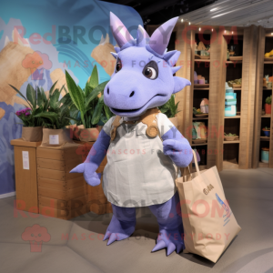 Lavender Triceratops mascot costume character dressed with a Chambray Shirt and Tote bags