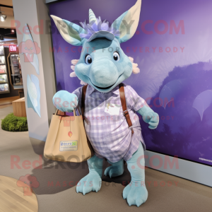 Lavender Triceratops mascot costume character dressed with a Chambray Shirt and Tote bags