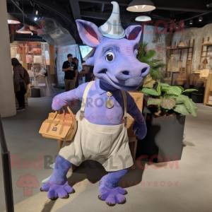 Lavender Triceratops mascot costume character dressed with a Chambray Shirt and Tote bags