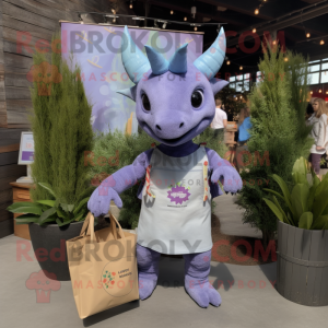 Lavender Triceratops mascot costume character dressed with a Chambray Shirt and Tote bags