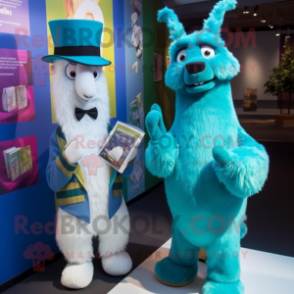 Cyan Llama mascot costume character dressed with a Shift Dress and Pocket squares