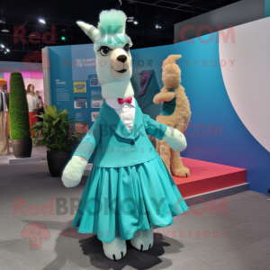 Cyan Llama mascot costume character dressed with a Shift Dress and Pocket squares