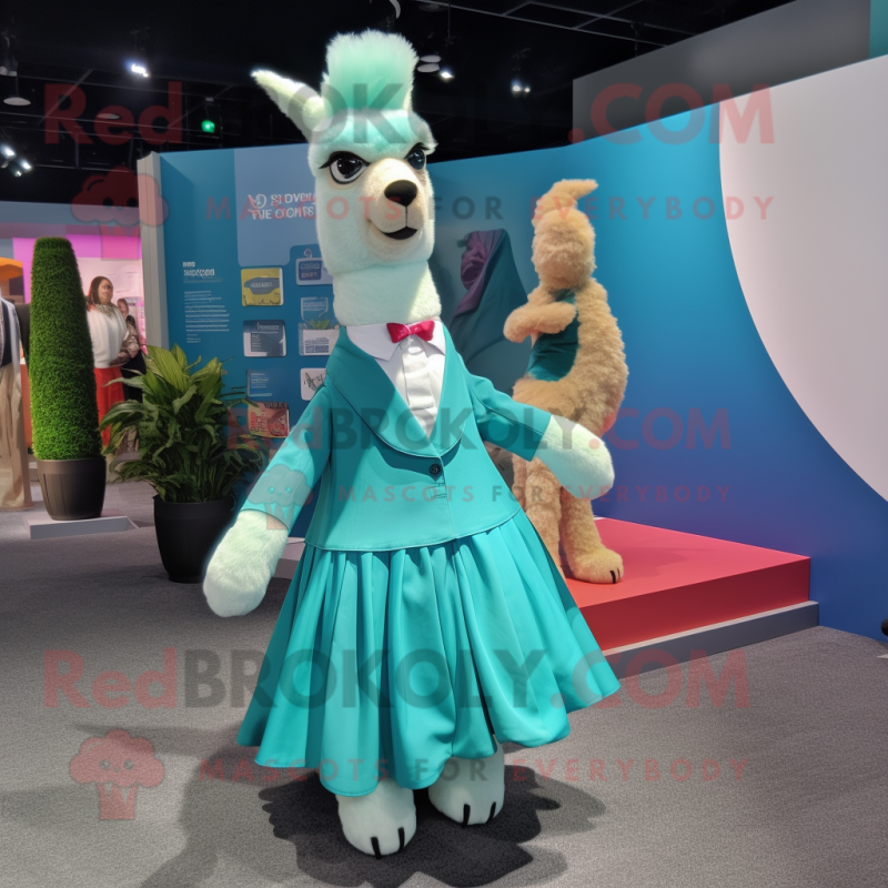 Cyan Llama mascot costume character dressed with a Shift Dress and Pocket squares Cyan Llama mascot costume character dressed with a Shift Dress and Pocket squares