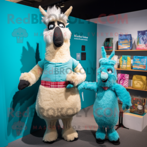 Cyan Llama mascot costume character dressed with a Shift Dress and Pocket squares